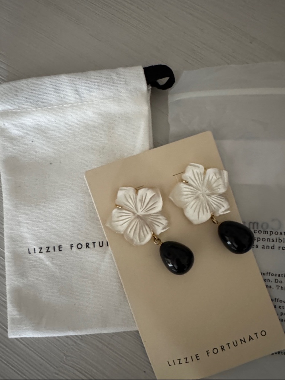 Lizzie Fortunato White Floral Drop Earrings with Black Teardrop Accent - Picture 3 of 3